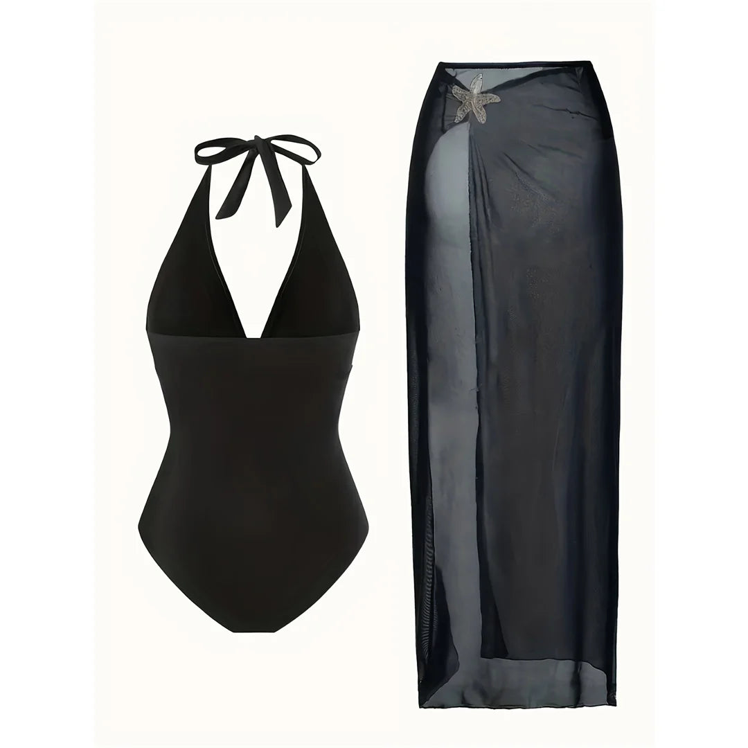 S - XL New With Skirt Deep V Neck Halter One Piece Swimsuit Women Swimwear Female Starfish Padded Bather Bathing Suit Swim V7977