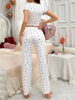 Heart Print Ribbed Frill Trim Pajama Set for Women Sleepwear Knitted V-Neck Loose Tops Elastic Long Pants Autumn Winter Wear