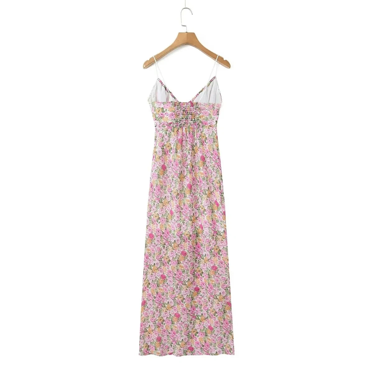 Lace Decoration Pink Floral Maxi Long Sundress Women's Dress 2025 Spaghetti Strap V Neck Smocked Boho Straight Boho Dress
