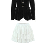 French-style Elegant Stand-up Collar Tie-waist Slim-fit Pleated Long-sleeve Shirt For Women With Waist Lace Cake Skirt QXS5