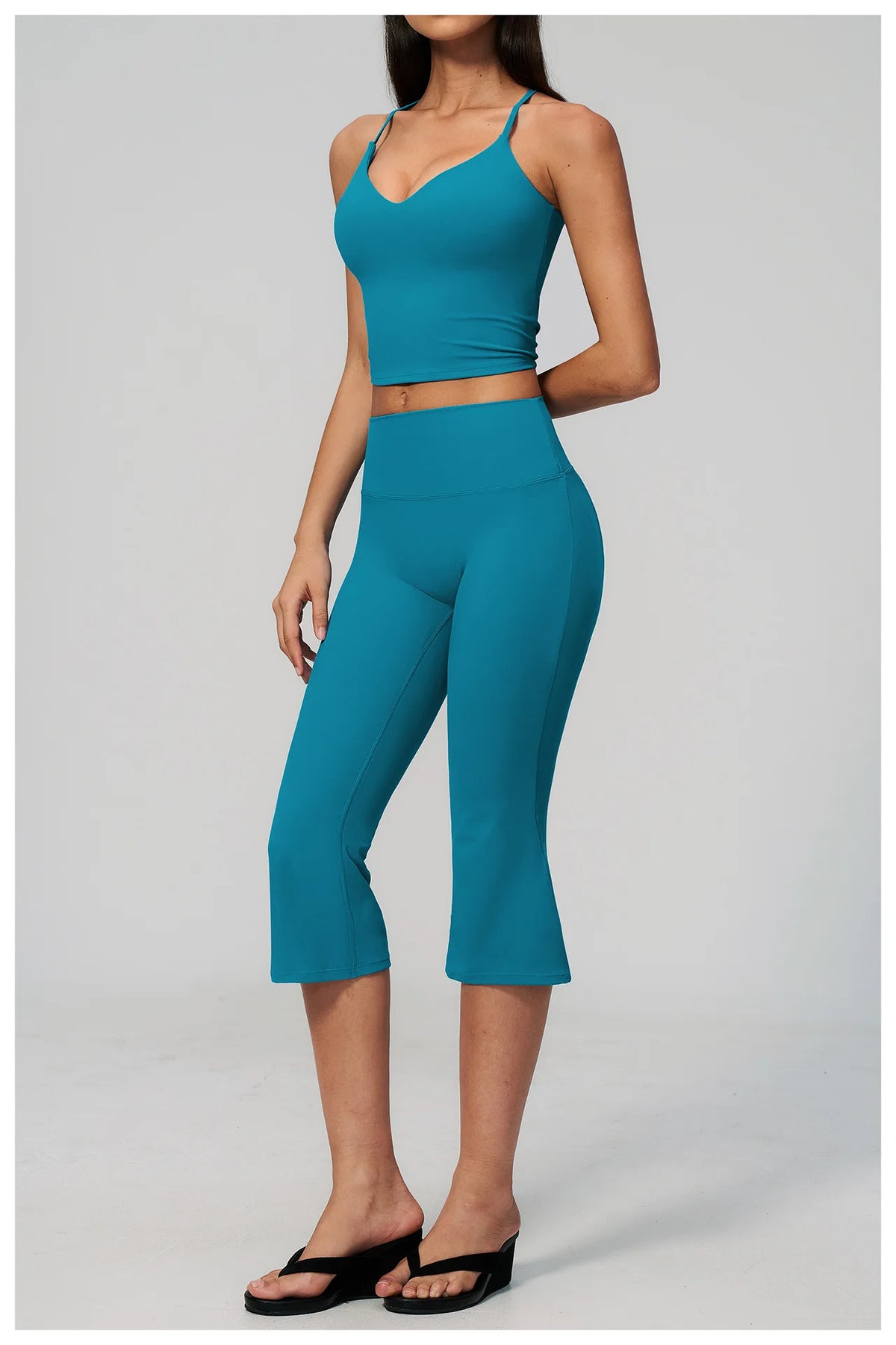 Summer New Yoga Clothing Women Solid V Neck Slim Sports Tank Top Athletic Wear High Waist Butt Lift Mid Pants Gym Fitness Suits