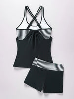 Women's Conservative 2 Piece Swimsuit Black Stripe Print Patchwork Tankini Bikini Set Suspender Cross Backless Bathing Suit 2025