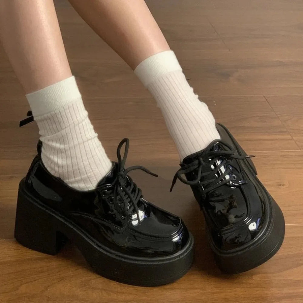 Women Lace‑Up Oxford Shoes PU Leather Chunky Block Heel Platform Round Toe Comfort Non‑Slip Casual JK School Daily Dress Shoes
