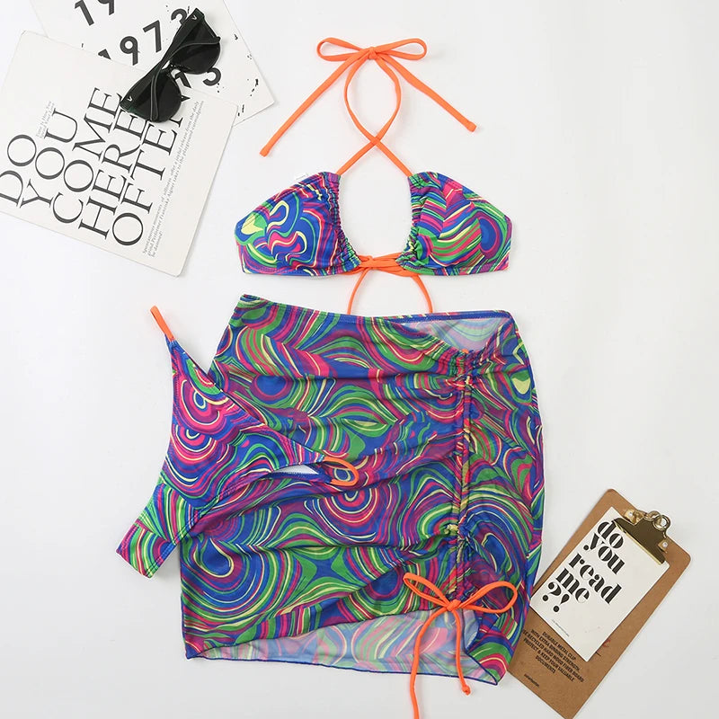 3 Pieces Bikini Set With SkirtTie Dye String Thong Bathing Suit Women Swimsuit FemaleSwimwear Beach Wear Swim Lady Summer