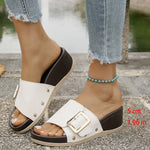 Buckle Decor Wedge Slippers Women Fashion Rivet High Heel White Sandals Woman Summer Slip On Pu Leather Platform Slides Mujer