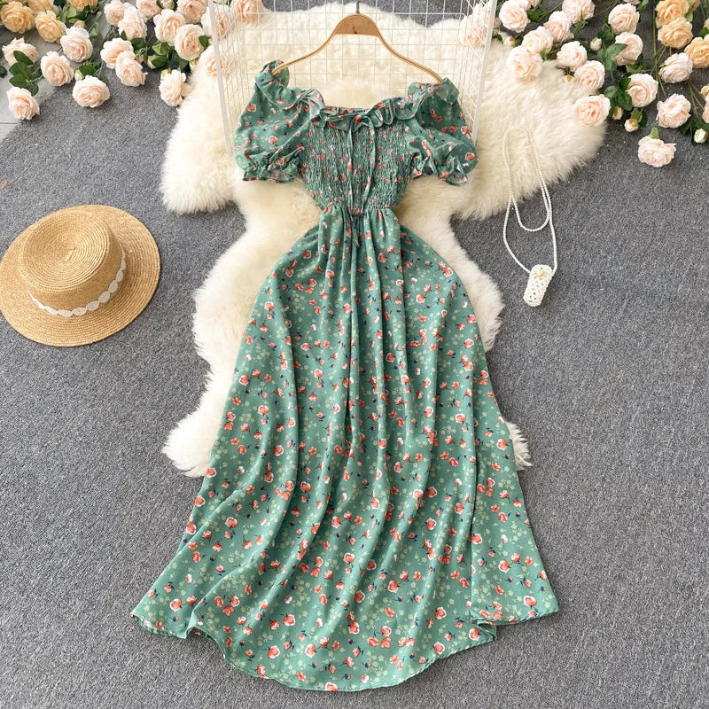 2025 Summer French Vintage Floral Dress Fashion Elegant High-Waisted Drawstring Vestidos Printed Fresh And Sweet Long Dresses