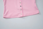 FDYOUI Pink T-shirts 2026 Summer Woman Clothes O-neck Single Breasted Cardigan Tops Female Short Sleeve Slim T Shirt Streetwear