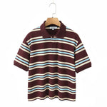 Foridol Burgundy Striped Casual Women T-shirt Summer Loose Polo Shirts Buttons New Female Tops Blouse White Tops Spring Shirt