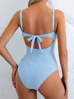 DEKA Vintage Sky Blue Striped One Piece Swimsuit 2026 Women Hollow Out Cross Slim Tummy Control Swimwear Beach Holiday Bathing S