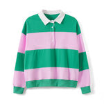 Women Long Sleeve Spring Fall Lapel Collar T-shirts Striped Contrast Color Loose Pullovers Streetwear Tops