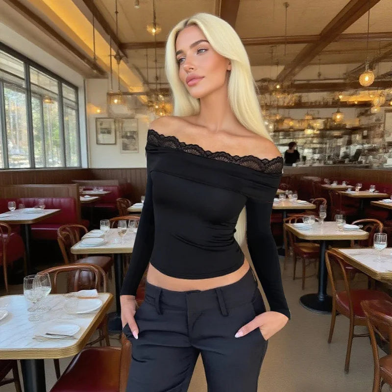 Y2K Streetwear Lace Long-Sleeve Off-Shoulder Top for Women American Style Slim-Fit Hot Girl T-Shirt Lady Spring Autumn Outfit