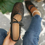 BigSize 43 Breathable White Lace Mary Jane Flats Women Comfy Walk Square Toe Casual Office Lady Ballet Flats Shoes Daily Wear