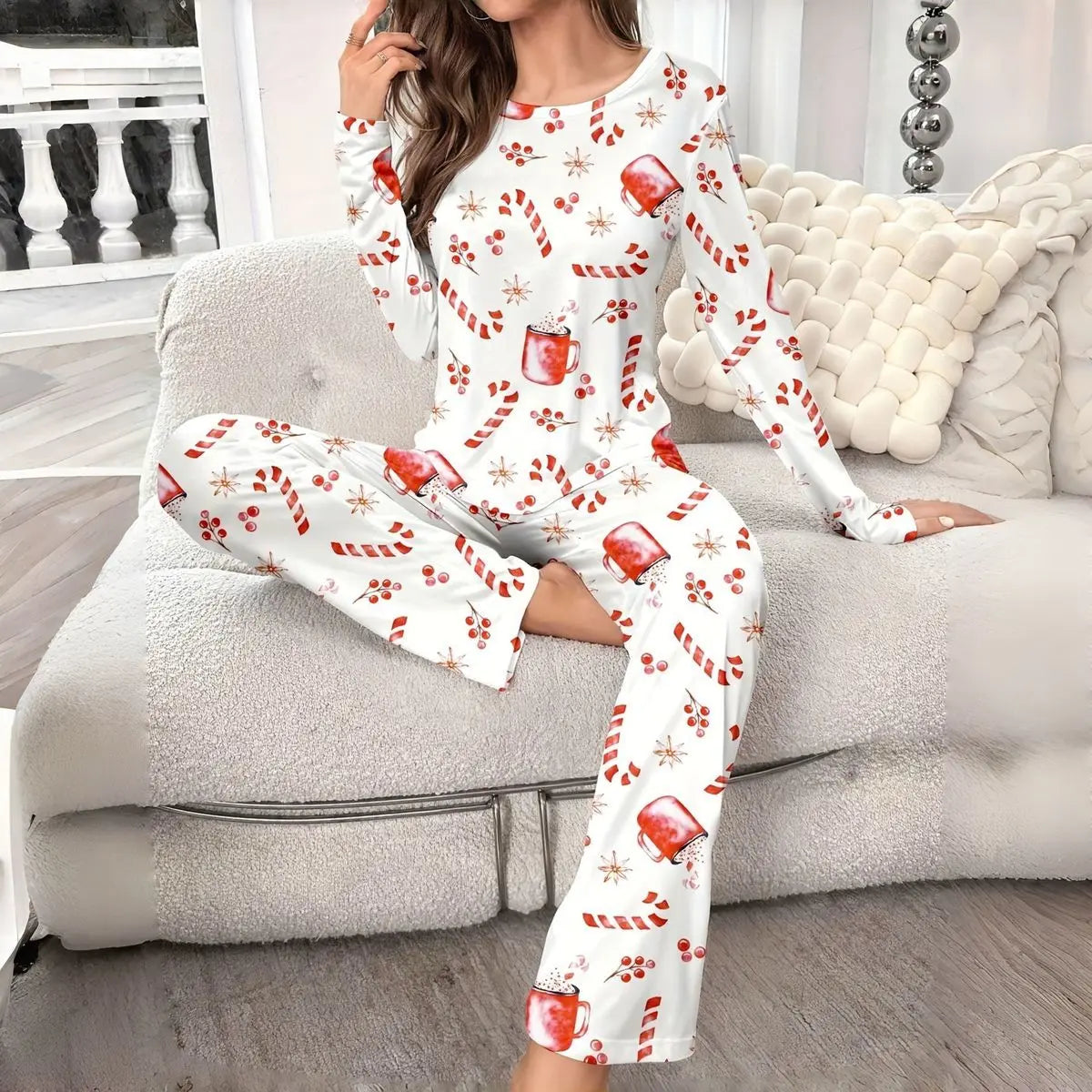 Women's Christmas Pajamas Set Autumn Winter Floral Printed Long Sleeve T-shirt and Long Pants Suit Loungewear Sleepwear