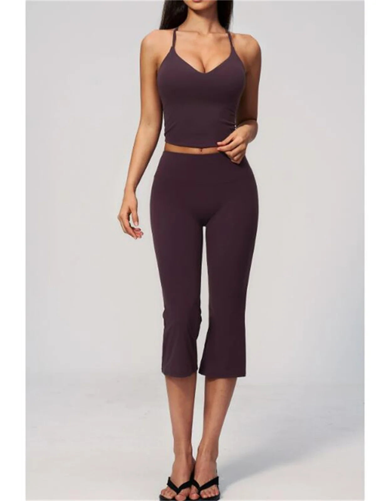 Summer New Yoga Clothing Women Solid V Neck Slim Sports Tank Top Athletic Wear High Waist Butt Lift Mid Pants Gym Fitness Suits