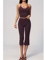 Summer New Yoga Clothing Women Solid V Neck Slim Sports Tank Top Athletic Wear High Waist Butt Lift Mid Pants Gym Fitness Suits