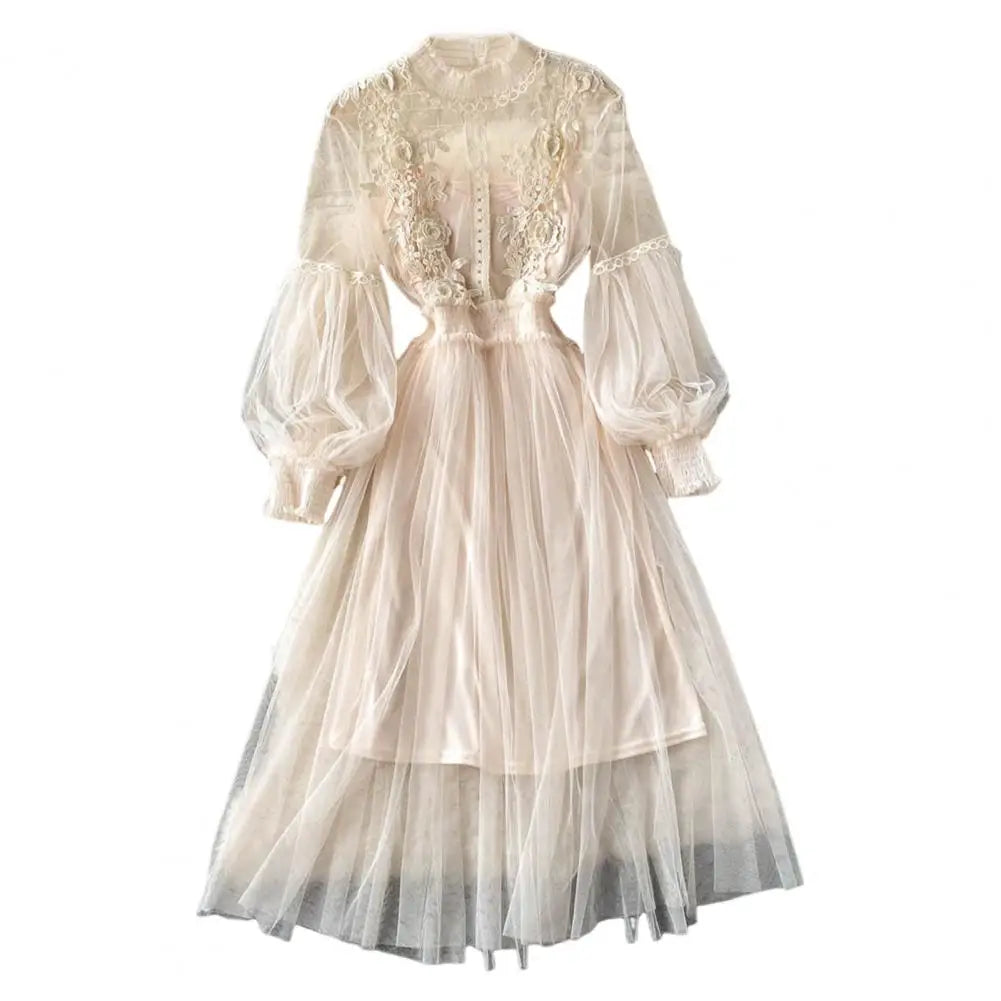2 Pcs/Set Women Dress Suit Floral Embroidery See-through Lace Lantern Sleeves Pleated A-line Elastic Waist Dress Slip Dress Suit
