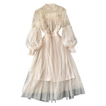 2 Pcs/Set Women Dress Suit Floral Embroidery See-through Lace Lantern Sleeves Pleated A-line Elastic Waist Dress Slip Dress Suit
