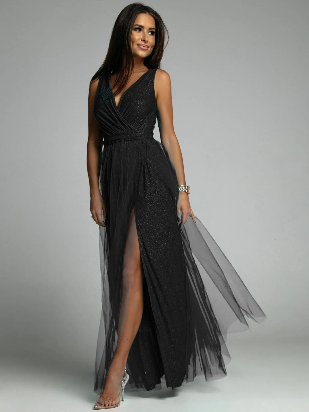 Elegant Solid Color Fine Sparkle Party Dresses Women Temperament V-neck Leace-up Mesh Slit Long Dress Evening Vestidos Female