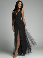 Elegant Solid Color Fine Sparkle Party Dresses Women Temperament V-neck Leace-up Mesh Slit Long Dress Evening Vestidos Female