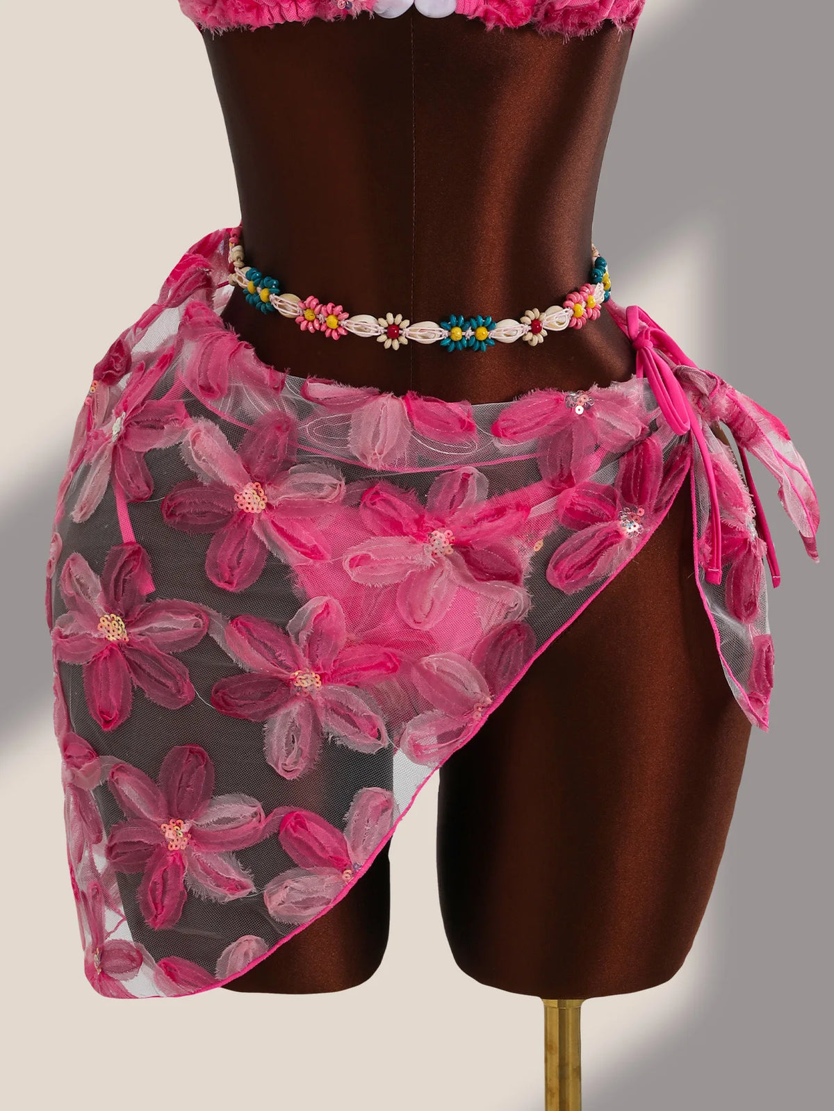 Sexy Pink Floral Embroidery Bikini Set 2026 Women Push Up Bra Triangle Swimsuit Holiday Bathing Suit Cover Up 3 Piece Swimwear
