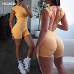 NCLAGEN Sporty Jumpsuit For Women Short Sleeve One Piece Backless Bodysuit Scrunch Booty Activewear Gym Set Workout Sportwear