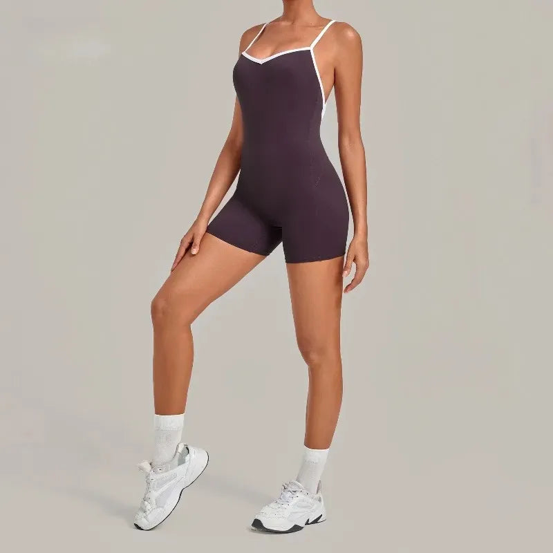 Women's Seamless Yoga Jumpsuits Fitness Sports Gym Hip-lifting Sleeveless One-piece Backless Workout Training Shorts Jumpsuit