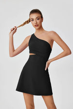 Sexy Hollow Waist Tennis Dress Women One Shoulder Pleate Sleeveless Built in Bra with Inner Separate Shorts Yoga Golf Dresses