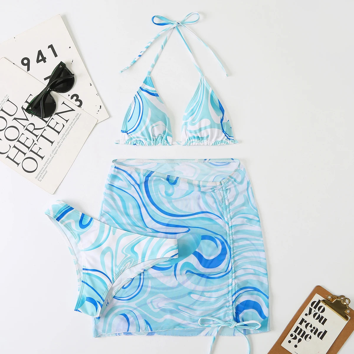 3 Pieces Bikini Set With SkirtTie Dye String Thong Bathing Suit Women Swimsuit FemaleSwimwear Beach Wear Swim Lady Summer