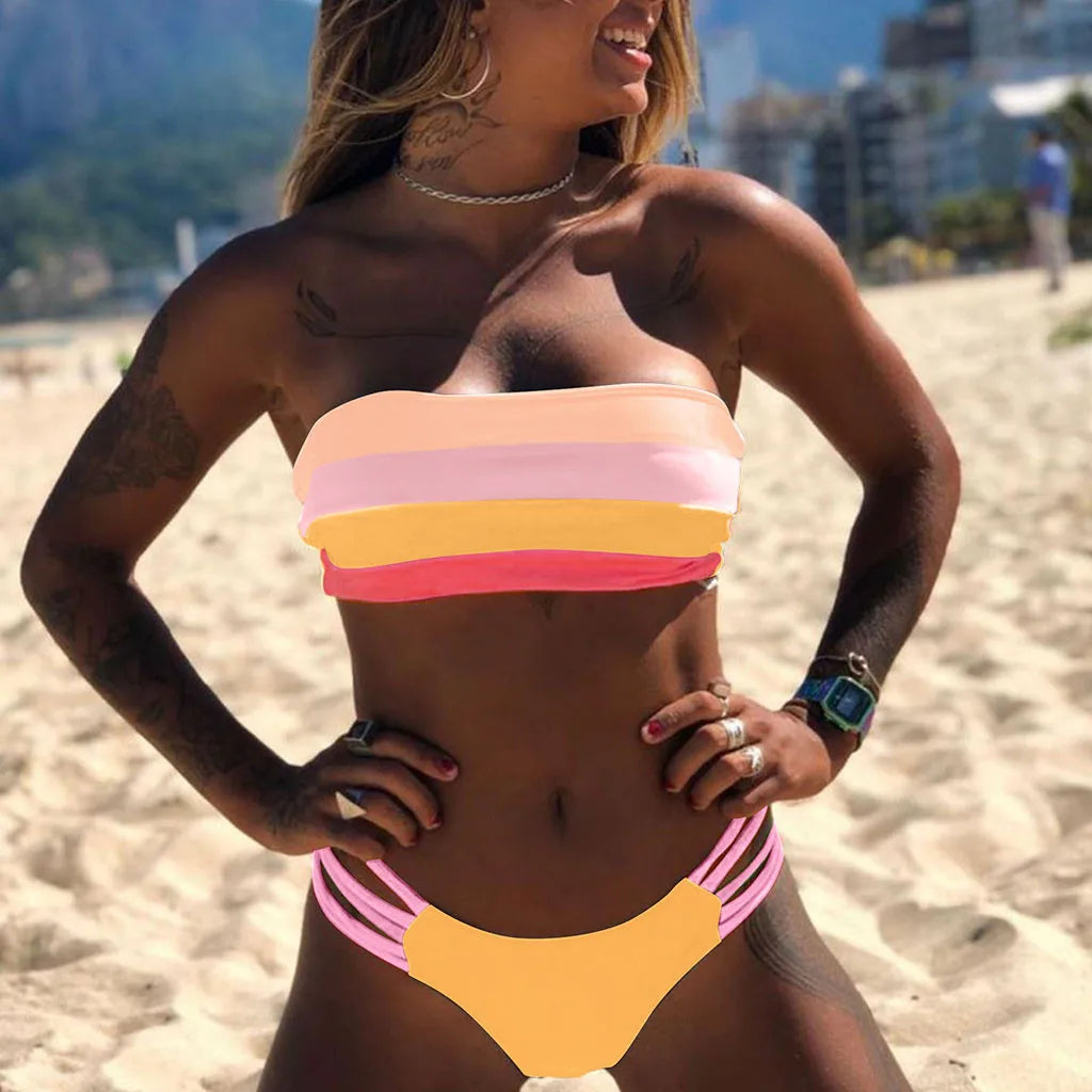 Bikini Swimwear Push-Up Bikinis Sets Colored Stripes Women Bra Padded Beachwear Bathing Suit New 2 Piece Swimsuit 2025 Biquini