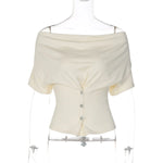 FDYOUI Fashion Casual Swinging Collar T-shirts Y2K Woman Clothes Short Sleeve Buttons Corset T Shirt Ladies Solid Crop Tops Tees
