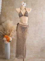 Vintage Coffee Leaves Print Mesh Skirt 3 Piece Bikinis Sets 2026 Women Beach Pearls Push Up Thong Swimsuit Bathing Suit Swimwear