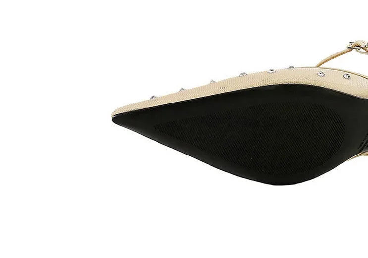 BIGTREE Crystal Mesh Fabric Pointed Toe Slippers Women Sexy Elegant Buckle Strap Party Prom Thin Low Heels Mule Shoes