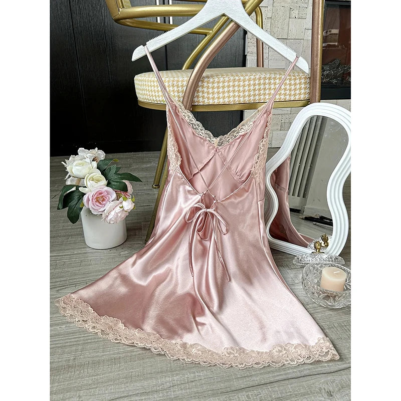 Sexy Lace Patchwork Camisola Lingerie Nighty Wedding Silk Dress Sleep Wear Nightdress Clothes Women's Nightgowns Sexy Nightwear