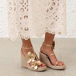 Flower Square Toe High-Heeled Shoes for Women, Slope Heels, Summer Gold One-Piece Sandals High-End Grass Woven Sandals for Women