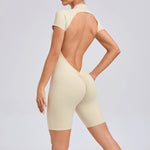 Padded Backless Yoga Cycling jumpsuitWomen Zipper GYM Sportswear Fitness One Piece Sports Suit V Back Workout Playsuit