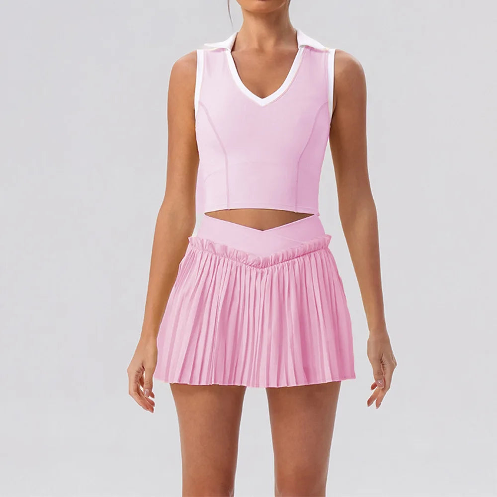 Tight Yoga Sets Women's Tracksuit Sexy Color Contrast Hollow Out Sports Bra High Waist Pleate Tennis Short Skirt Fitness Suits