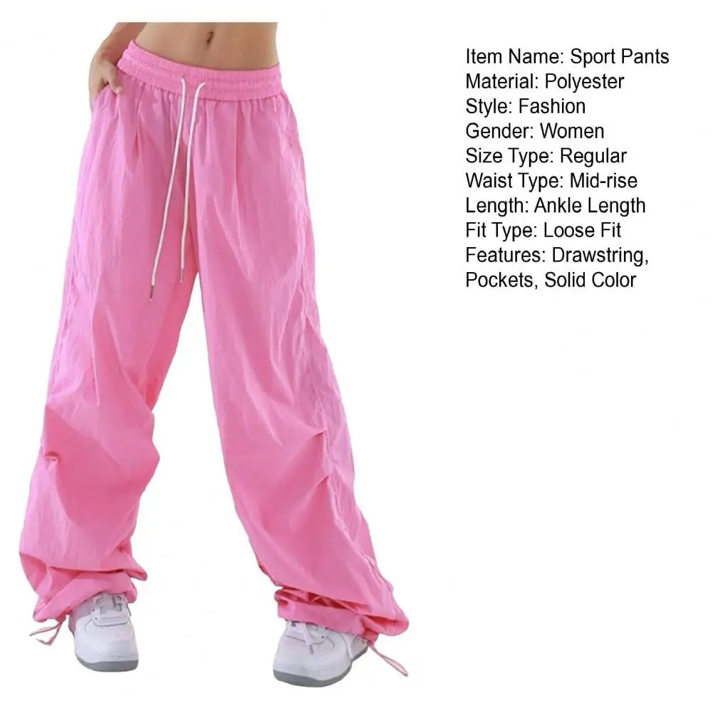 Women Sport Pants Wide Leg Elastic Waist Adjustable Drawstring Long Pants Solid Color Leisure Travel Cargo Trousers