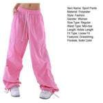 Women Sport Pants Wide Leg Elastic Waist Adjustable Drawstring Long Pants Solid Color Leisure Travel Cargo Trousers