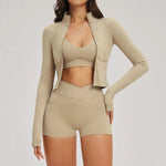 New 3 Pieces Yoga Set Women Workout Sportswear Gym Clothing Fitness Long Sleeve Crop Top Shorts Leggings Female Sport Bra Suits