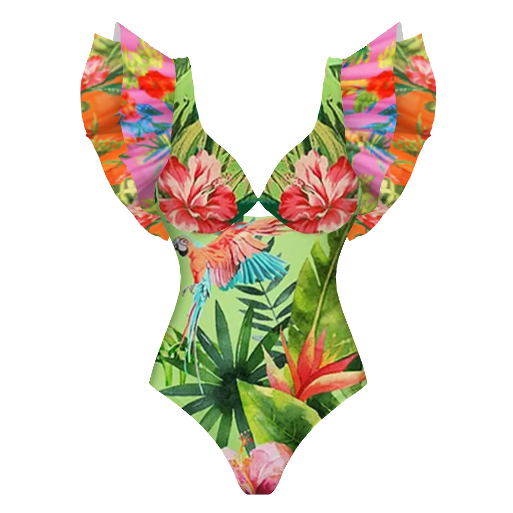 Sexy Ruffle Shoulder Swimsuit V-Neck Swimwear Women Backless Push Up Bathing SuitBeach Wear 2024 Female Swimming Suit