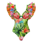 Sexy Ruffle Shoulder Swimsuit V-Neck Swimwear Women Backless Push Up Bathing SuitBeach Wear 2024 Female Swimming Suit