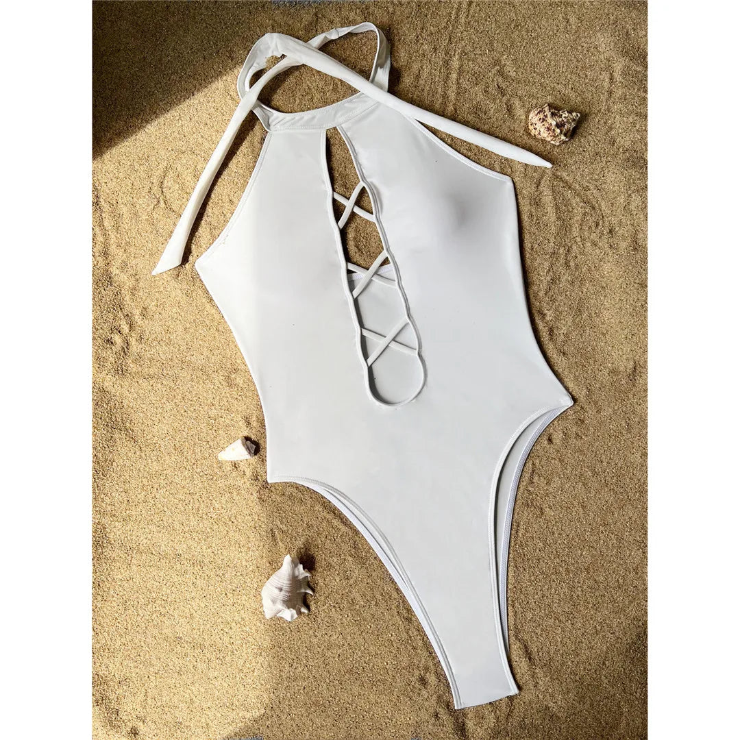 S - XL 7 Colors Lace Up High Neck Full Back Women Swimwear One Piece Swimsuit Female High Leg Cut Bather Bathing Suit Swim V6272