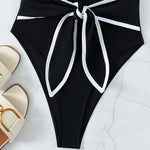 Black One Piece Swimsuit for Women 2026 Summer New Bikini,high Waist Contrast Belt Swimwear,deep-V Neck Backless Bathing Suit