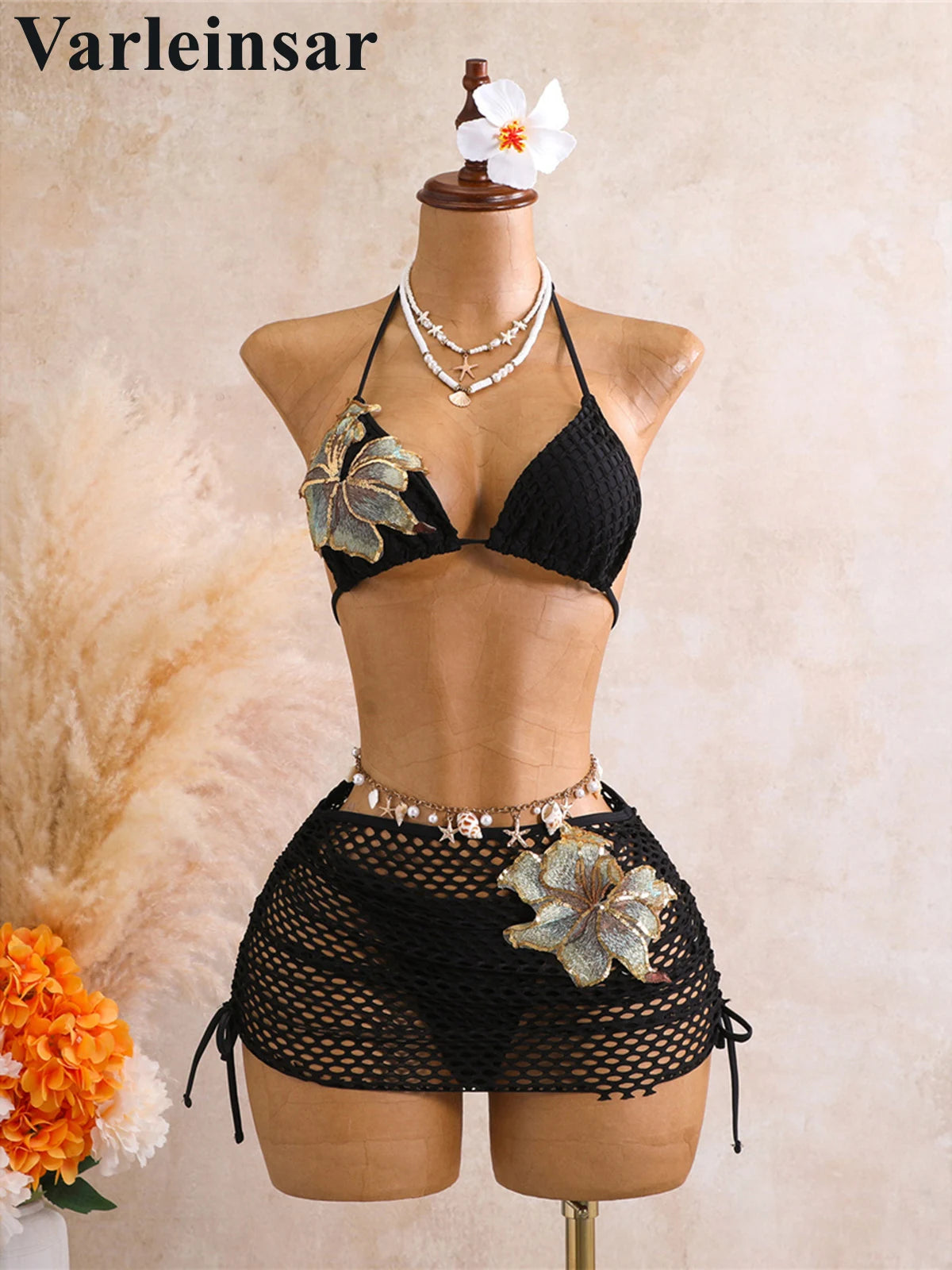 With Skirt 3D Flower Halter Bikini Women Swimwear Female Swimsuit Three-Pieces Bikini Set Padded Bather Bathing Suit SwimV8346