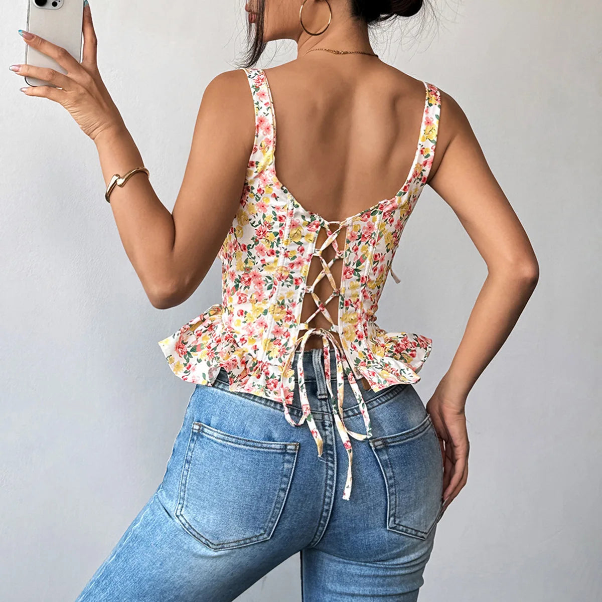 Spring Summer Lace Up Pink Floral Print Fishbone Corset with Folded Waist Ruffled Edges Cotton Suspender Vest for Women 2026