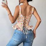 Spring Summer Lace Up Pink Floral Print Fishbone Corset with Folded Waist Ruffled Edges Cotton Suspender Vest for Women 2026