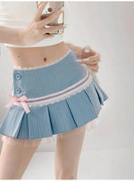 Striped Contrasting Color Bow Lace Splicing Pleated Skirt Women 2026 Summer American Style Low WaistA-line Short Skirt UBFK