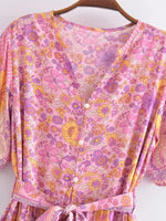 Foridol Single Breasted Bohemian Holiday Summer Women Dress Belt Casual Loose Maxi Floral Dress Short Sleeve Long Viscose Dress