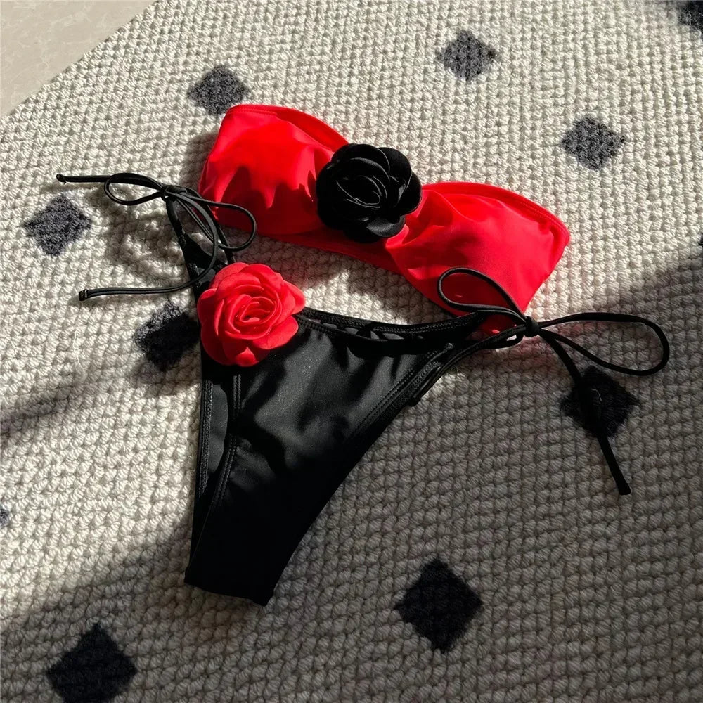 Sexy Flower Bandeau Swimwear Thong Bikini 2026 Women Lace-up Swimsuit Swimming Bathing Suit Brazilian Bikinis Sets Mujer Biquini