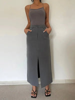 WOMENGAGA Retro High Waist Half Skirt Girl Bifurcate Slim A-LINE Gray Skirts Fashion American Spicy Girls 2023 New 5P2F